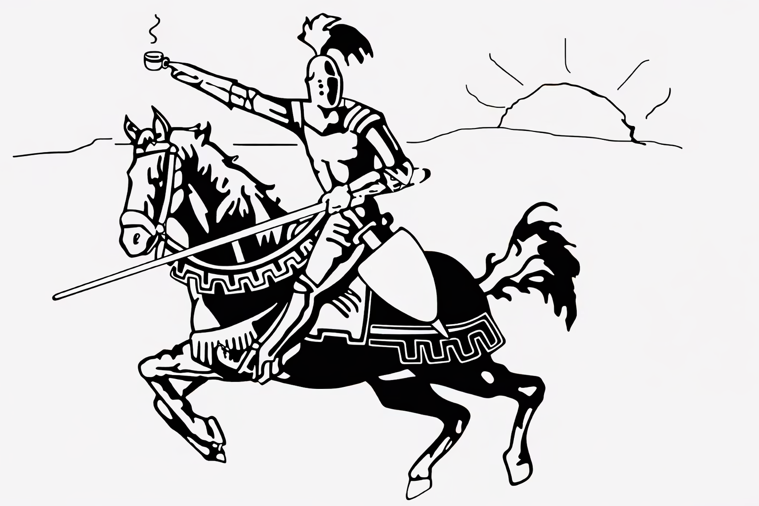 Morning Knight on horseback with lance and sunrise